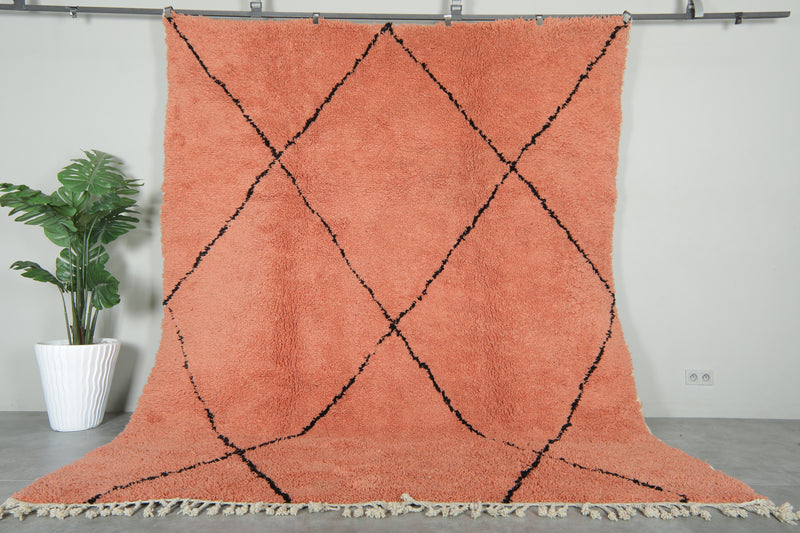 Peach Moroccan beni ourain rug with black diamond pattern - 8.5 ft x 10 ft