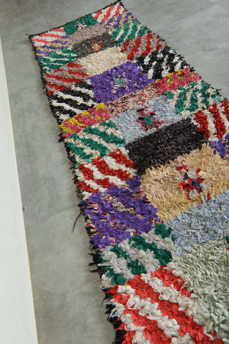 Handmade Moroccan boucherouite runner rug - 2.7 ft x 9 ft