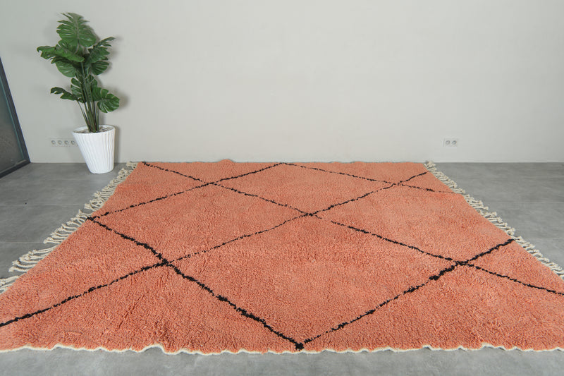 Peach Moroccan beni ourain rug with black diamond pattern - 8.5 ft x 10 ft