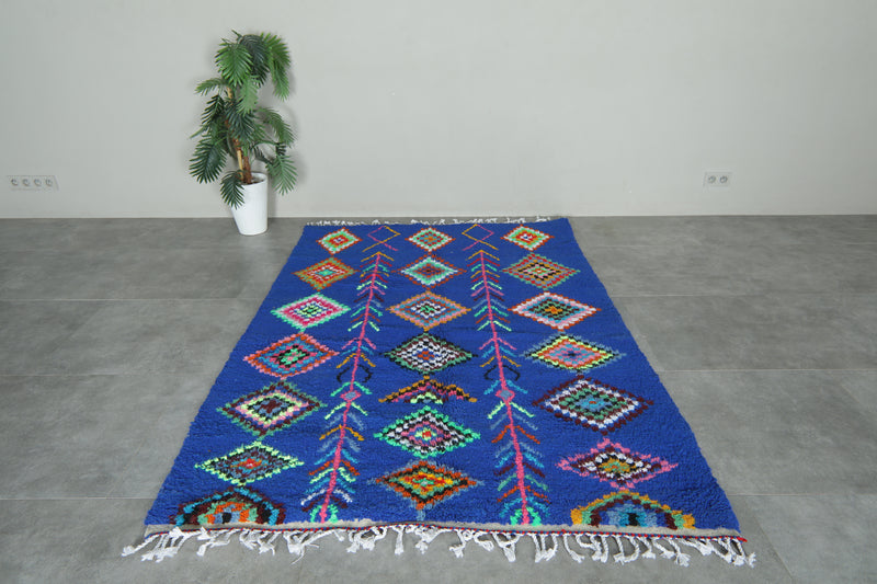 Handmade blue Moroccan rug with multicolor diamond tribal patterns - 5.2 ft x 7.3 ft