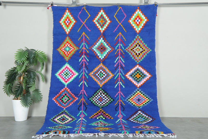 Handmade blue Moroccan rug with multicolor diamond tribal patterns - 5.2 ft x 7.3 ft