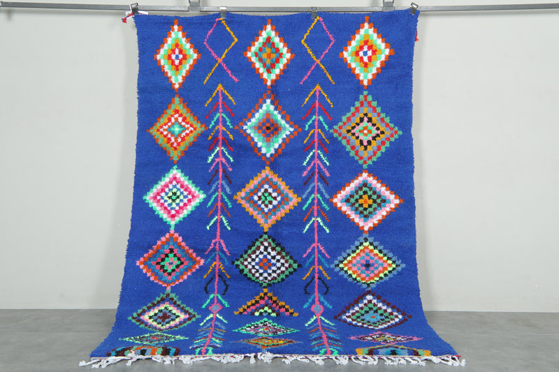 Handmade blue Moroccan rug with multicolor diamond tribal patterns - 5.2 ft x 7.3 ft