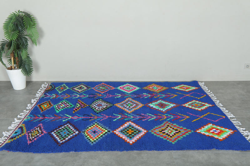 Handmade blue Moroccan rug with multicolor diamond tribal patterns - 5.2 ft x 7.3 ft