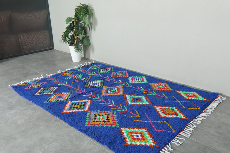 Handmade blue Moroccan rug with multicolor diamond tribal patterns - 5.2 ft x 7.3 ft