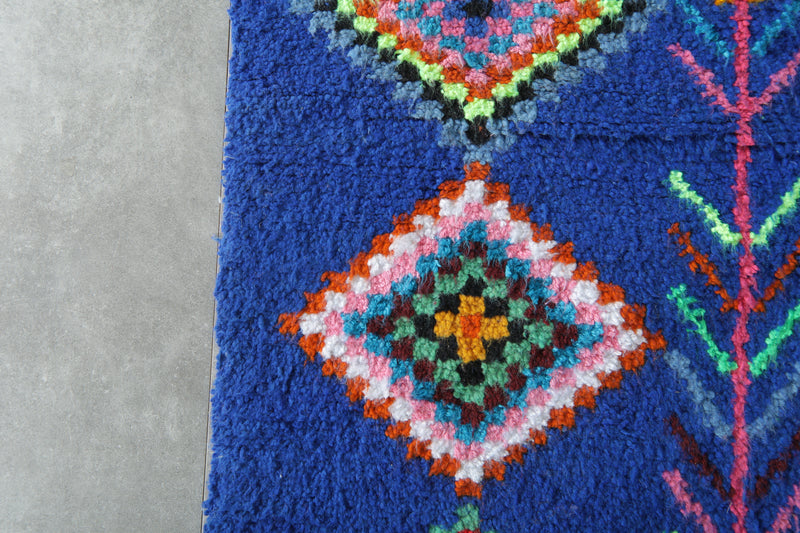 Handmade blue Moroccan rug with multicolor diamond tribal patterns - 5.2 ft x 7.3 ft