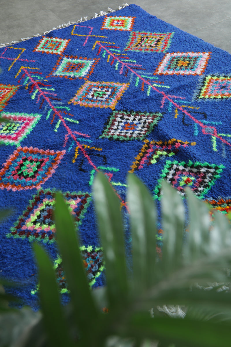Handmade blue Moroccan rug with multicolor diamond tribal patterns - 5.2 ft x 7.3 ft