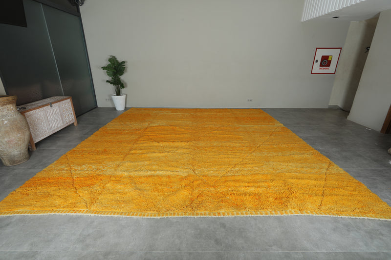 Handmade yellow Moroccan rug - Minimalist carpet - 13 ft x 13.6 ft