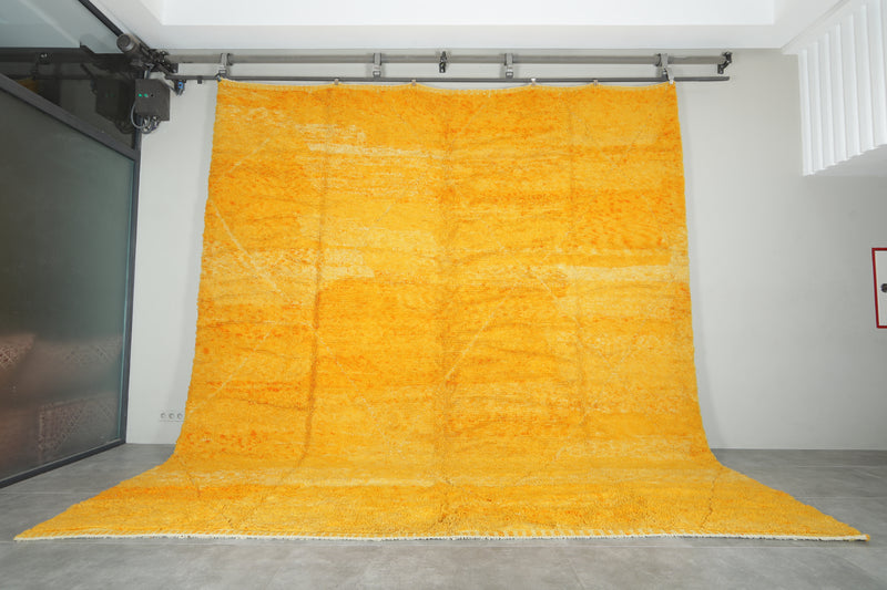 Handmade yellow Moroccan rug - Minimalist carpet - 13 ft x 13.6 ft