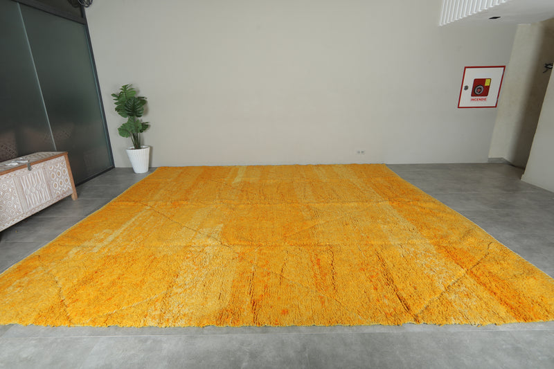 Handmade yellow Moroccan rug - Minimalist carpet - 13 ft x 13.6 ft