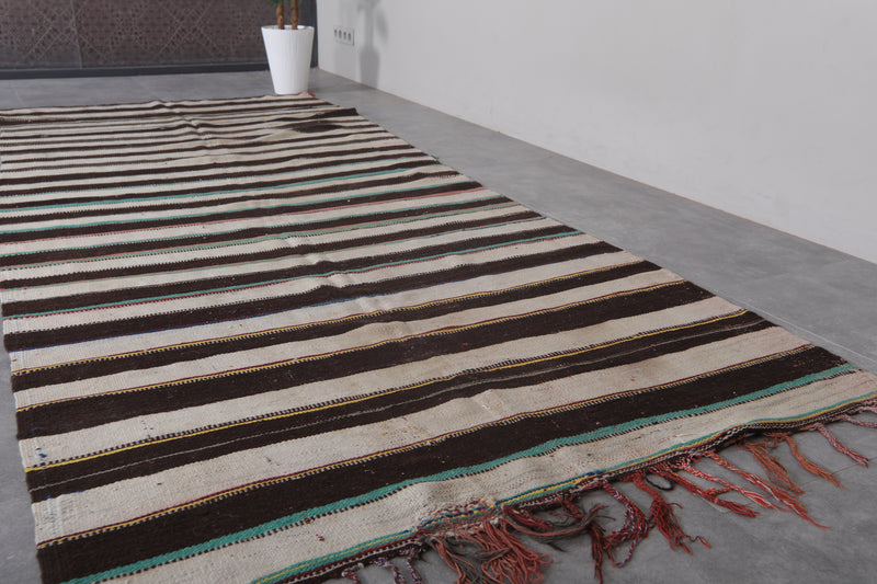 Long Striped Moroccan Kilim Rug - Black and White Design - 4.5x11 ft - Handwoven Kilim