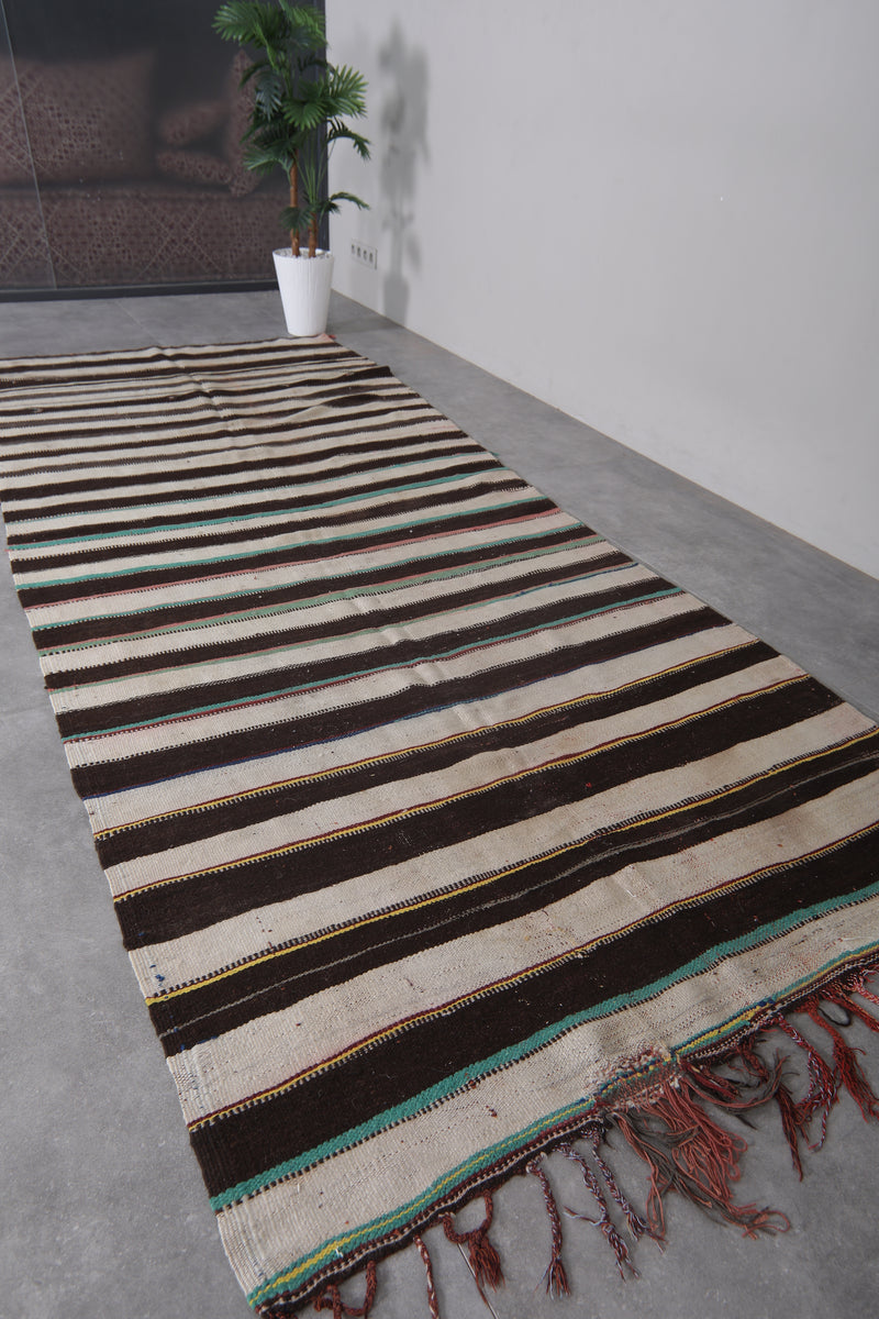 Long Striped Moroccan Kilim Rug - Black and White Design - 4.5x11 ft - Handwoven Kilim