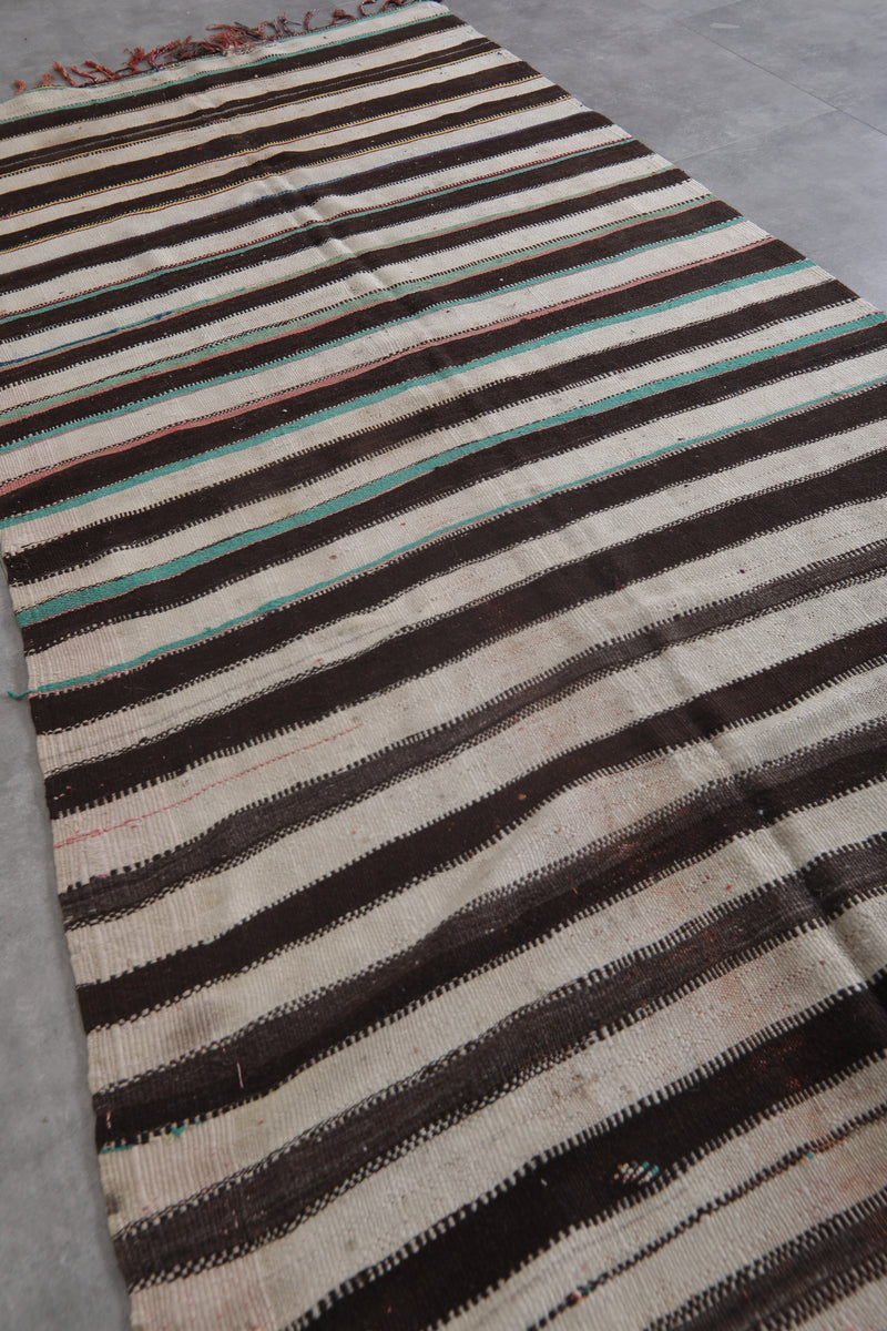 Long Striped Moroccan Kilim Rug - Black and White Design - 4.5x11 ft - Handwoven Kilim