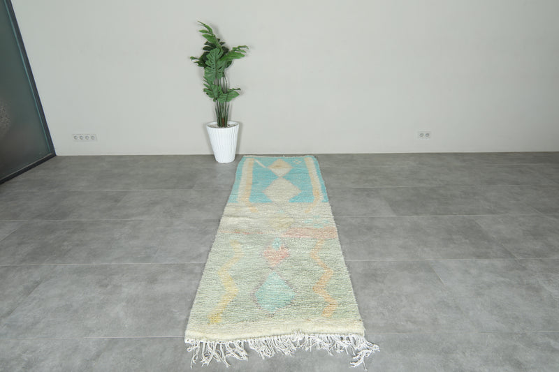 Beige & blue runner Moroccan rug - 2.9 ft x 9 ft