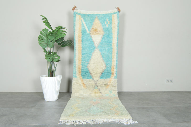 Beige & blue runner Moroccan rug - 2.9 ft x 9 ft