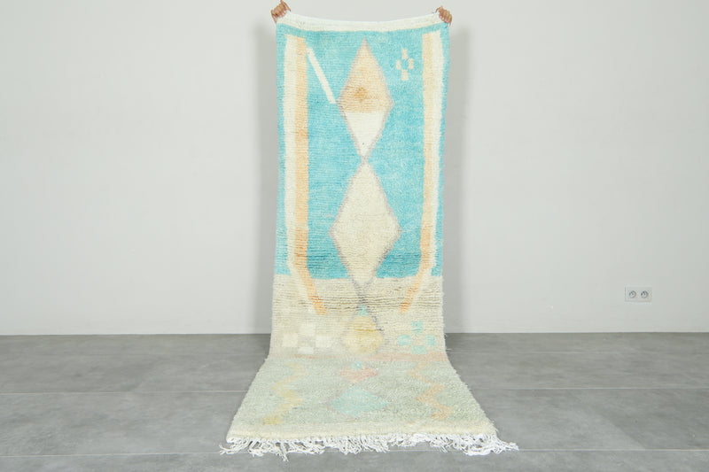 Beige & blue runner Moroccan rug - 2.9 ft x 9 ft