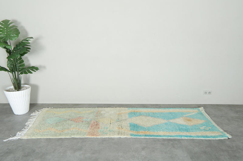 Beige & blue runner Moroccan rug - 2.9 ft x 9 ft
