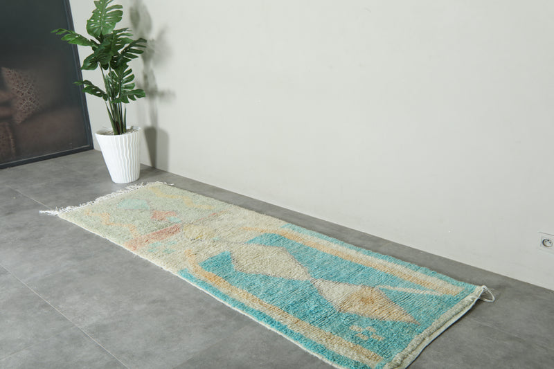 Beige & blue runner Moroccan rug - 2.9 ft x 9 ft