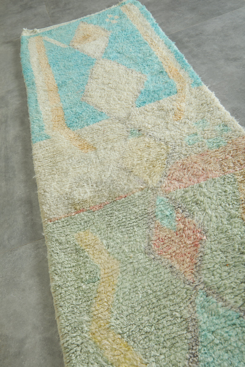Beige & blue runner Moroccan rug - 2.9 ft x 9 ft