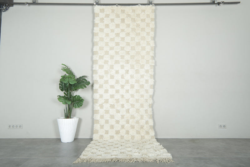 White and beige checkered Moroccan runner rug - 11.9 ft x 3.9 ft