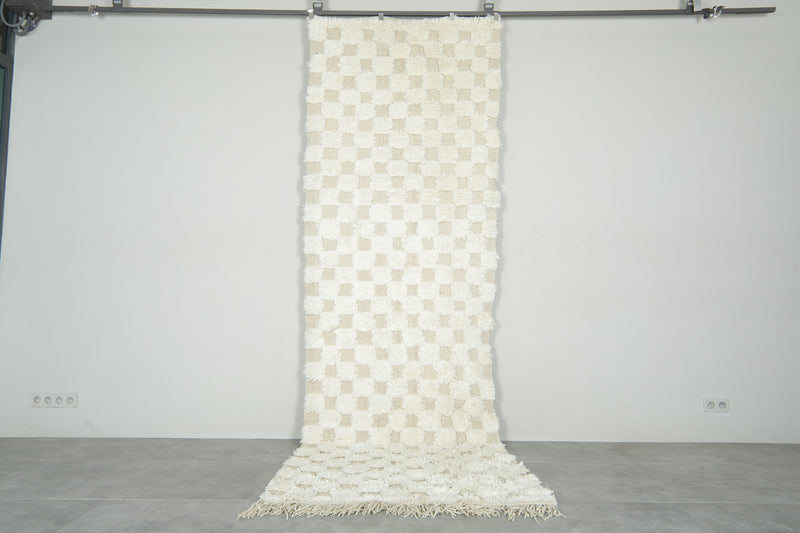 White and beige checkered Moroccan runner rug - 11.9 ft x 3.9 ft