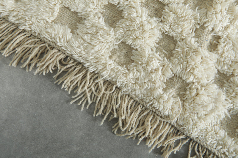 White and beige checkered Moroccan runner rug - 11.9 ft x 3.9 ft