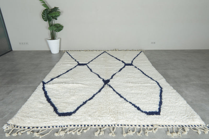 Handmade white and navy beni ourain Moroccan rug - 7.8 ft x 10.1 ft