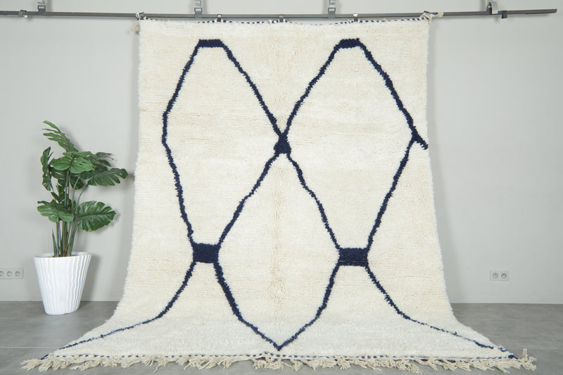 Handmade white and navy beni ourain Moroccan rug - 7.8 ft x 10.1 ft