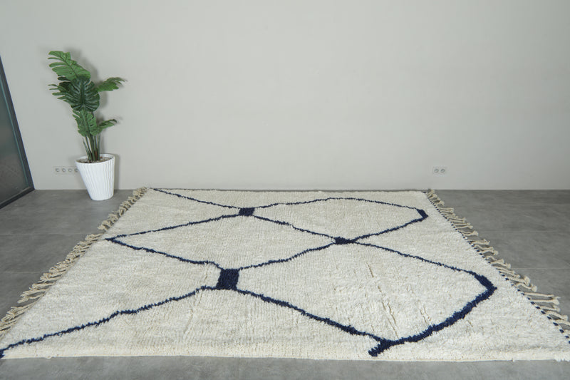 Handmade white and navy beni ourain Moroccan rug - 7.8 ft x 10.1 ft