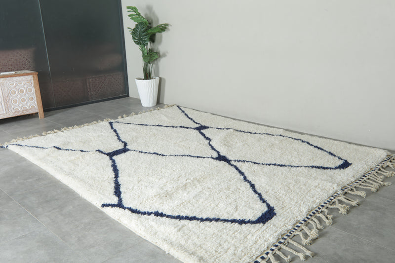 Handmade white and navy beni ourain Moroccan rug - 7.8 ft x 10.1 ft