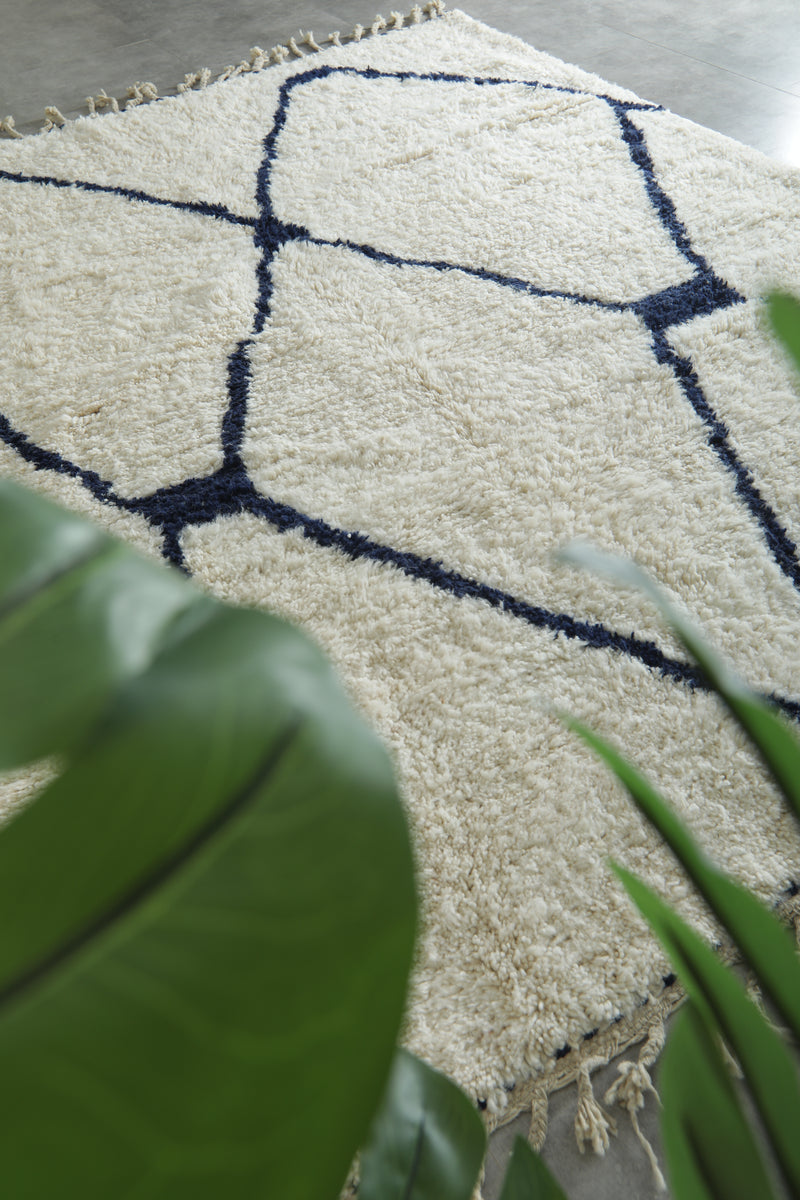 Handmade white and navy beni ourain Moroccan rug - 7.8 ft x 10.1 ft