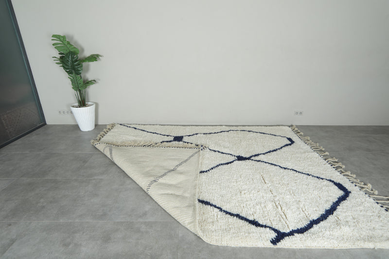 Handmade white and navy beni ourain Moroccan rug - 7.8 ft x 10.1 ft