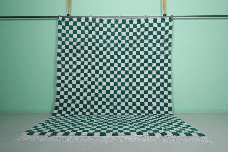 Moroccan berber rug - 8.2 x 10.3 Feet | Green & white checkered carpet - Beni ourain rugs