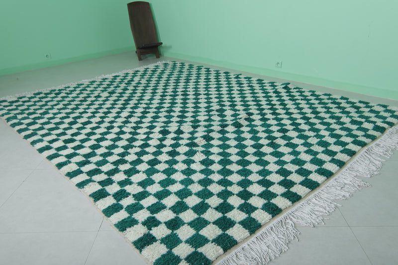 Moroccan berber rug - 8.2 x 10.3 Feet | Green & white checkered carpet - Beni ourain rugs