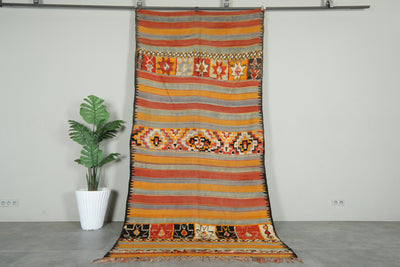 Orange & gray striped Moroccan rug - 5.3 ft x 11.1 ft - Flat woven rugs