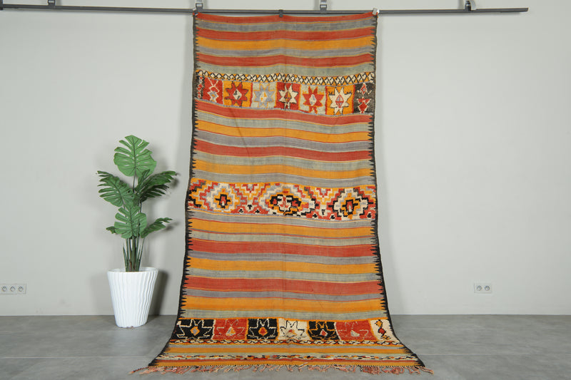 Orange & gray striped Moroccan rug - 5.3 ft x 11.1 ft - Flat woven rugs
