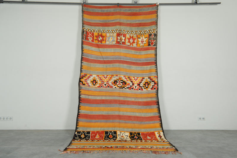 Orange & gray striped Moroccan rug - 5.3 ft x 11.1 ft - Flat woven rugs