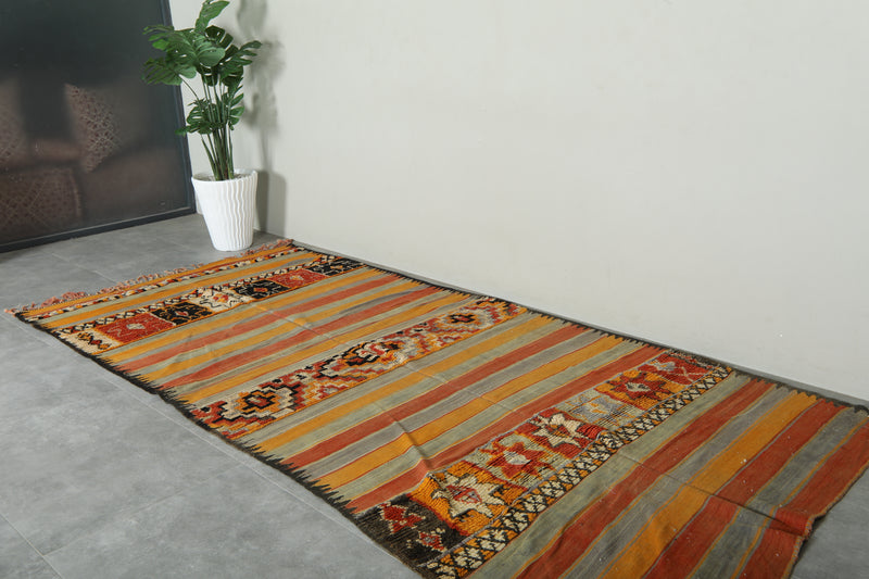 Orange & gray striped Moroccan rug - 5.3 ft x 11.1 ft - Flat woven rugs