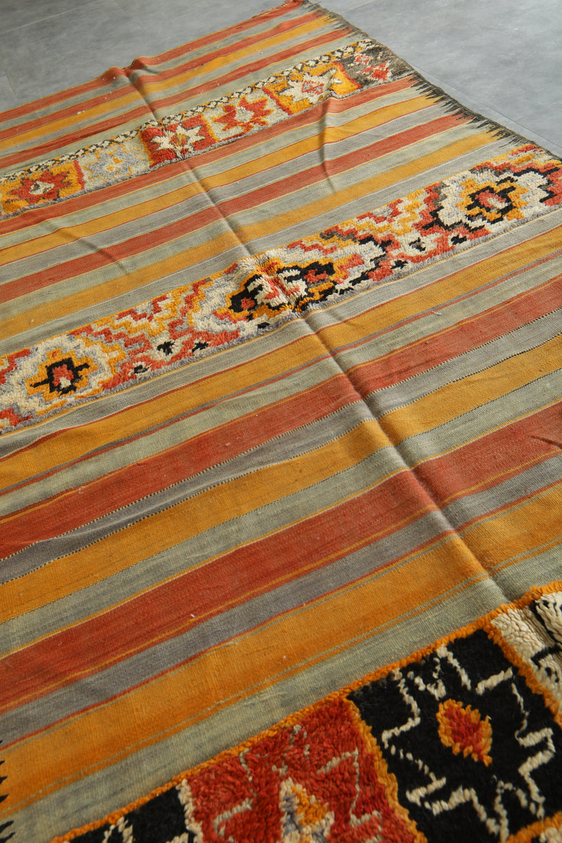 Orange & gray striped Moroccan rug - 5.3 ft x 11.1 ft - Flat woven rugs