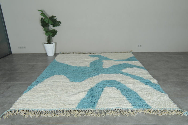 Custom Handwoven Moroccan Rug – Turquoise & Ivory Shaggy Wool Carpet