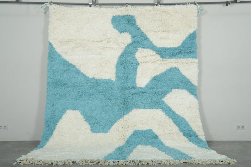 White and blue Moroccan rug – Abstract wool design - 8.3 ft x 9.9 ft