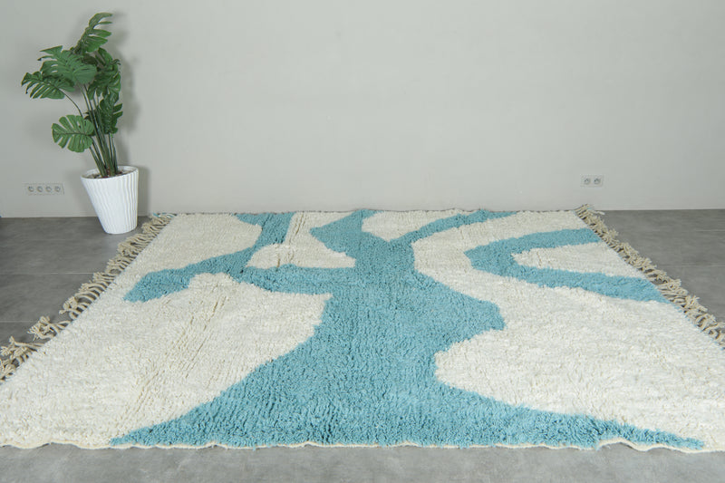 White and blue Moroccan rug – Abstract wool design - 8.3 ft x 9.9 ft