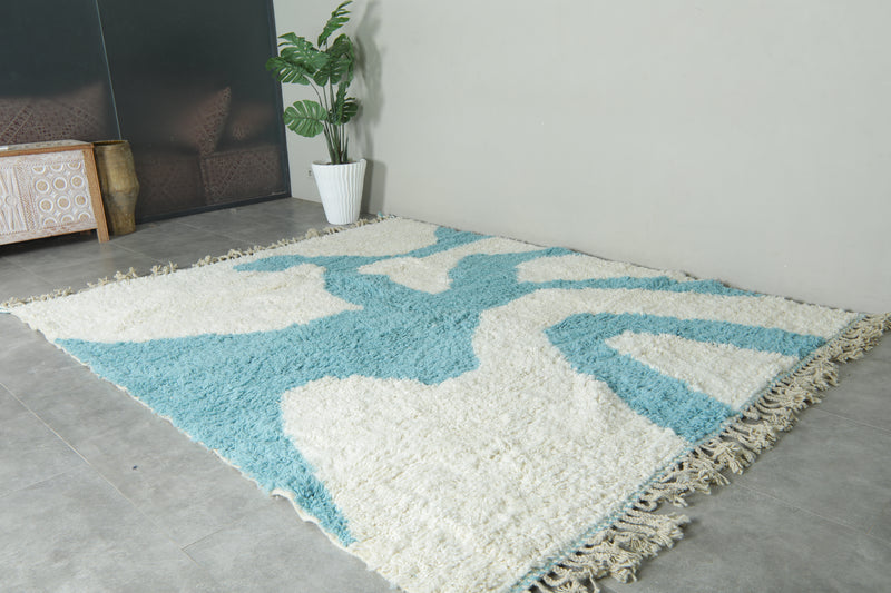 White and blue Moroccan rug – Abstract wool design - 8.3 ft x 9.9 ft