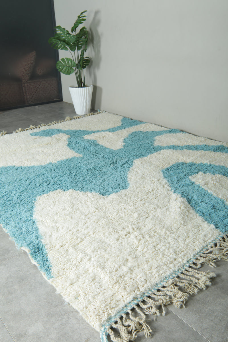Custom Handwoven Moroccan Rug – Turquoise & Ivory Shaggy Wool Carpet