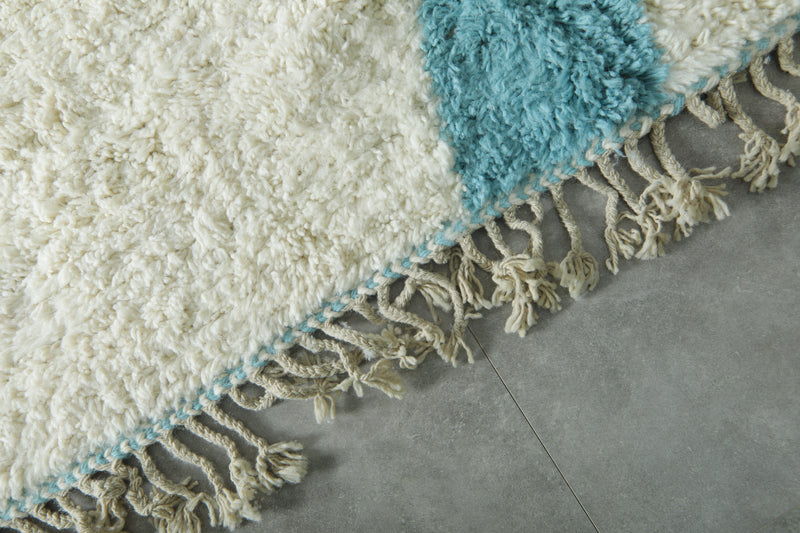 Custom Handwoven Moroccan Rug – Turquoise & Ivory Shaggy Wool Carpet