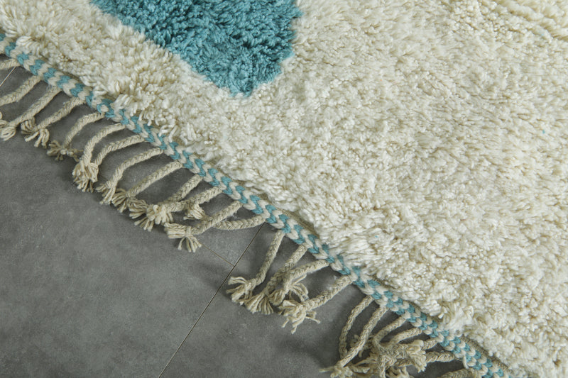 Custom Handwoven Moroccan Rug – Turquoise & Ivory Shaggy Wool Carpet