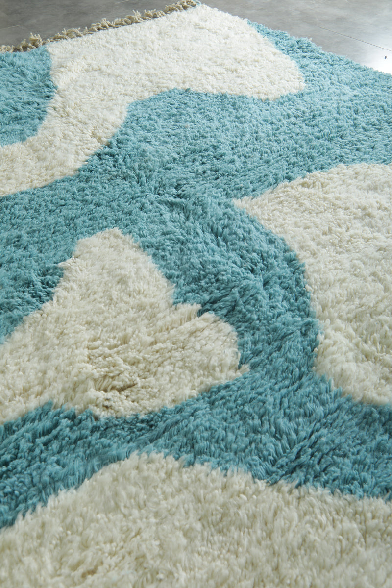 White and blue Moroccan rug – Abstract wool design - 8.3 ft x 9.9 ft