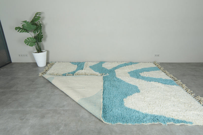Custom Handwoven Moroccan Rug – Turquoise & Ivory Shaggy Wool Carpet