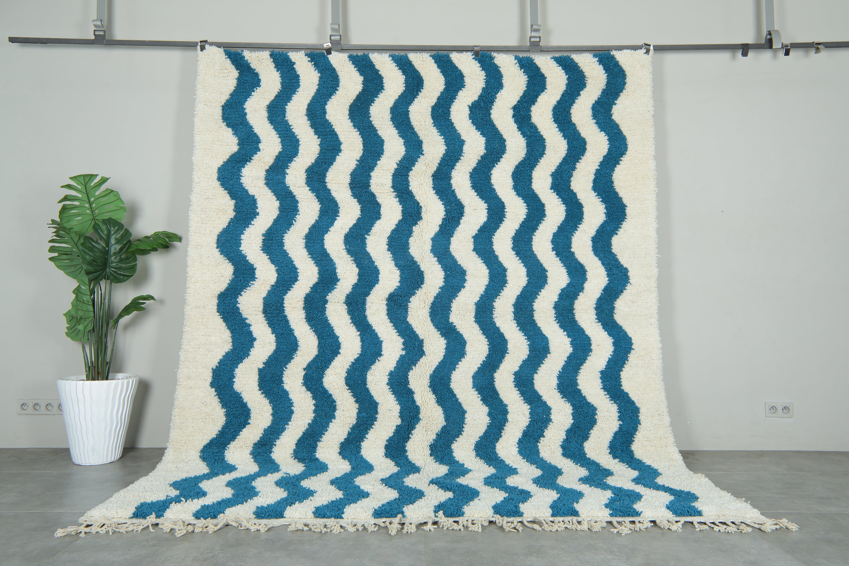Blue Wavy Pattern Rug Custom Wave Pattern Rug – Handwoven Blue-Turquoise & White Moroccan Ca ...