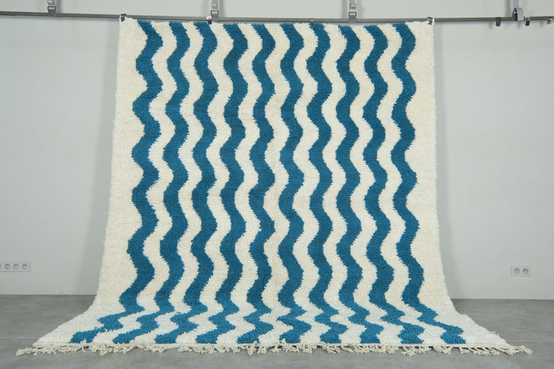 Custom Wave Pattern Rug – Handwoven Blue-Turquoise & White Moroccan Carpet