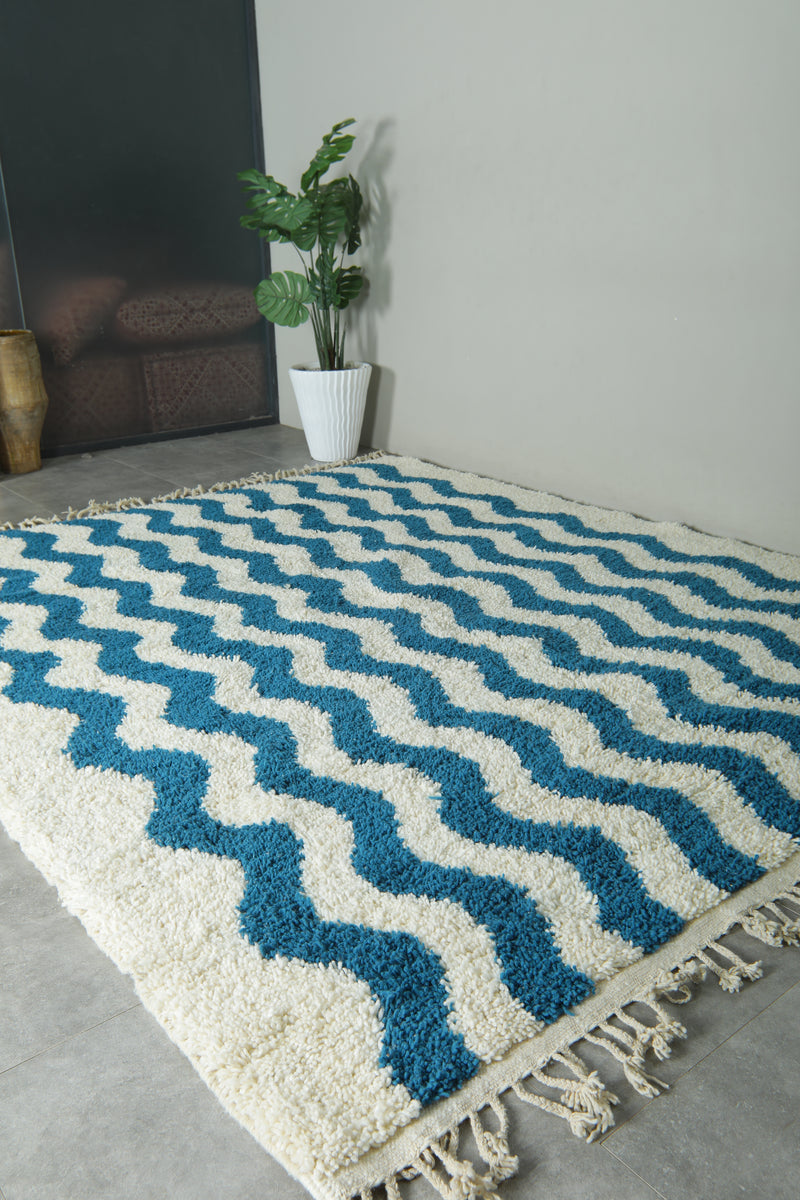 Custom Wave Pattern Rug – Handwoven Blue-Turquoise & White Moroccan Carpet